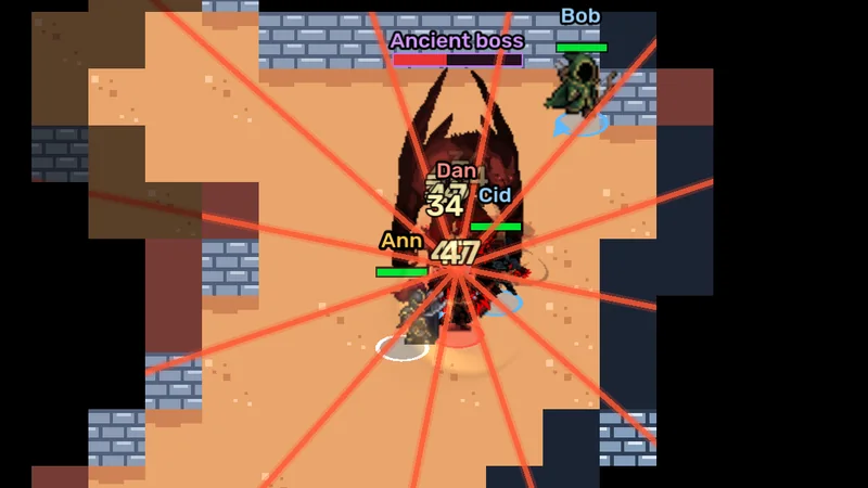 A team against the Ancient boss and the red lines of its radial attack
