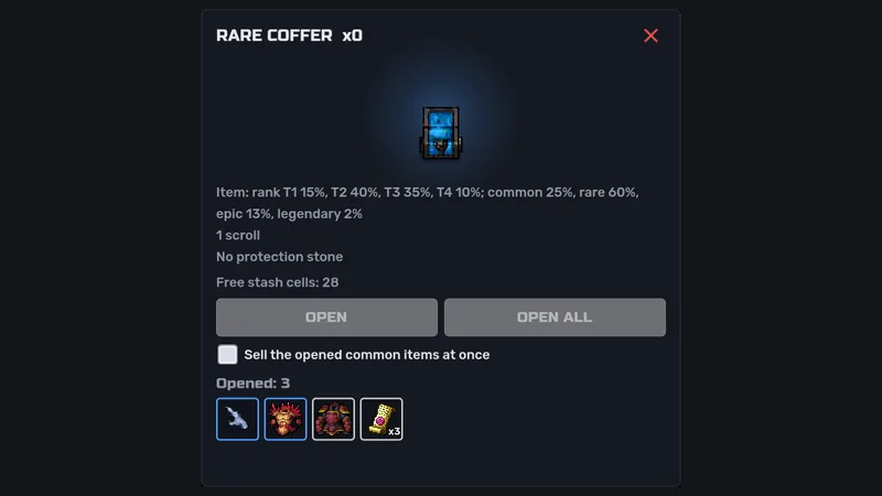 The lobby: an opened rare coffer, its exact odds and the items it gave